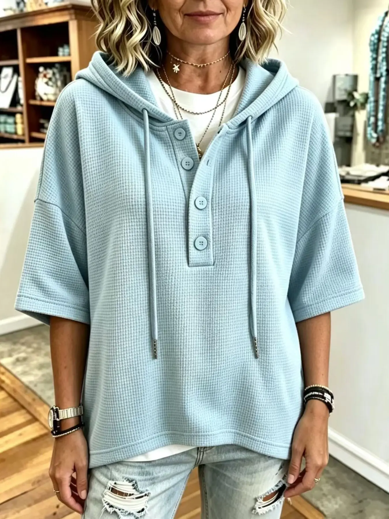Relaxed Fit Short Sleeve Button Hoodie, Breathable Waffle Fabric, Comfortable Pullover, Ideal for Casual Wear, Soft and Cozy Material