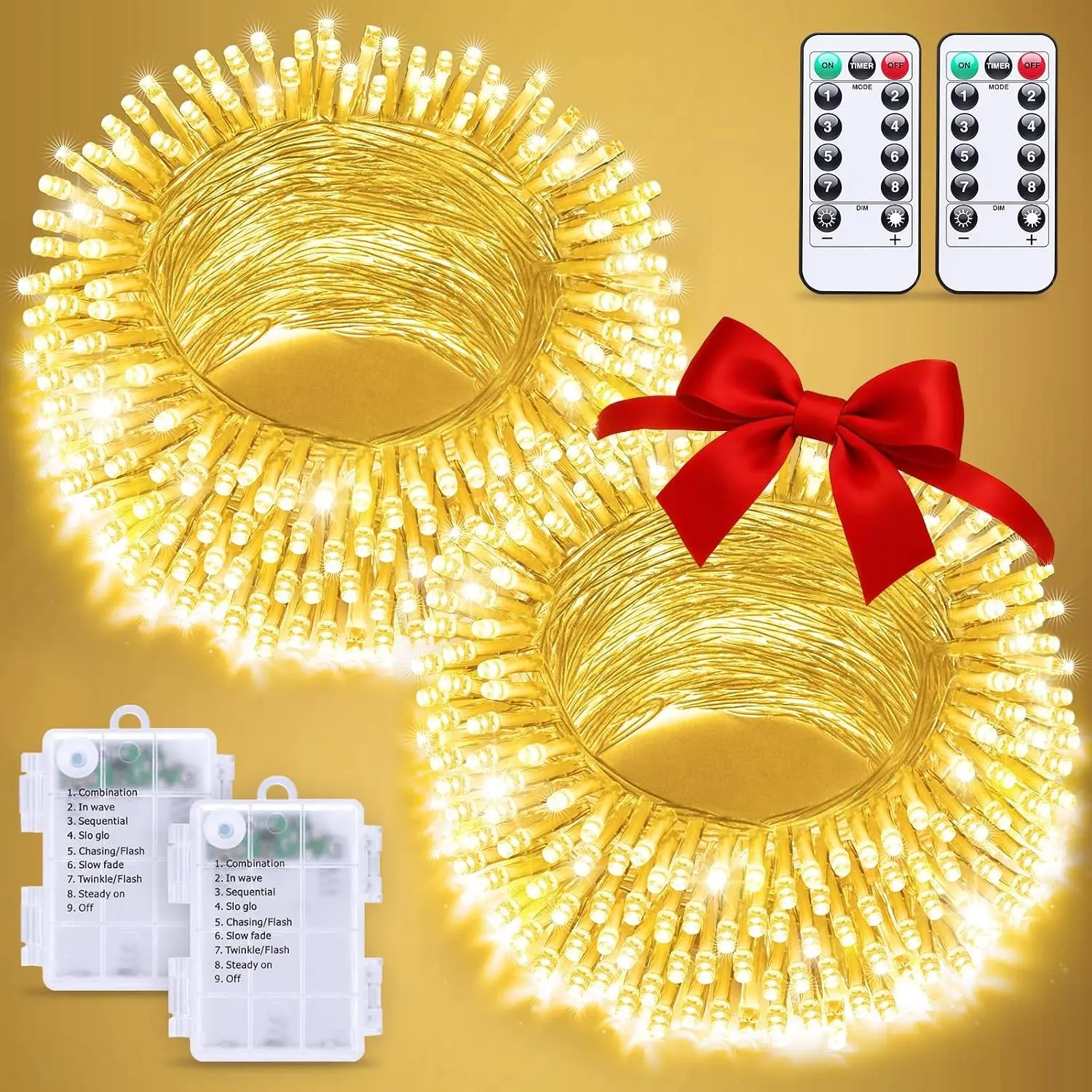 2 Pack Outdoor String Lights Battery Operated, Total 66ft 200 LED Fairy Lights with Remote, Warm White Christmas Lights for Bedroom Classroom Dorm Indoor Yard House Tree Porch Party Holiday