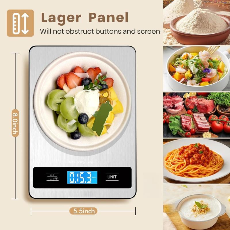 Food scale, 11-pound kitchen scale, with an accuracy of 0.05 ounces/1 gram, featuring 6 weighing units and a LCD display, stainless steel digital scale, suitable for baking, cooking, an