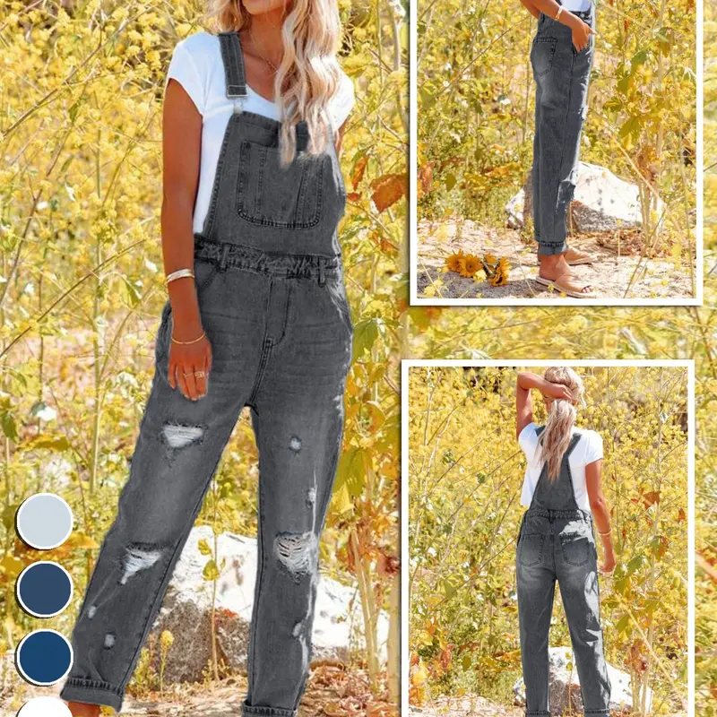 New Spring Summer Washed Light Blue Ripped Loose Fit Denim Overall Womenswear, Casual Fashion Overalls, Comfortable Harem Style, Casual Adjustable Straps, All Seasons