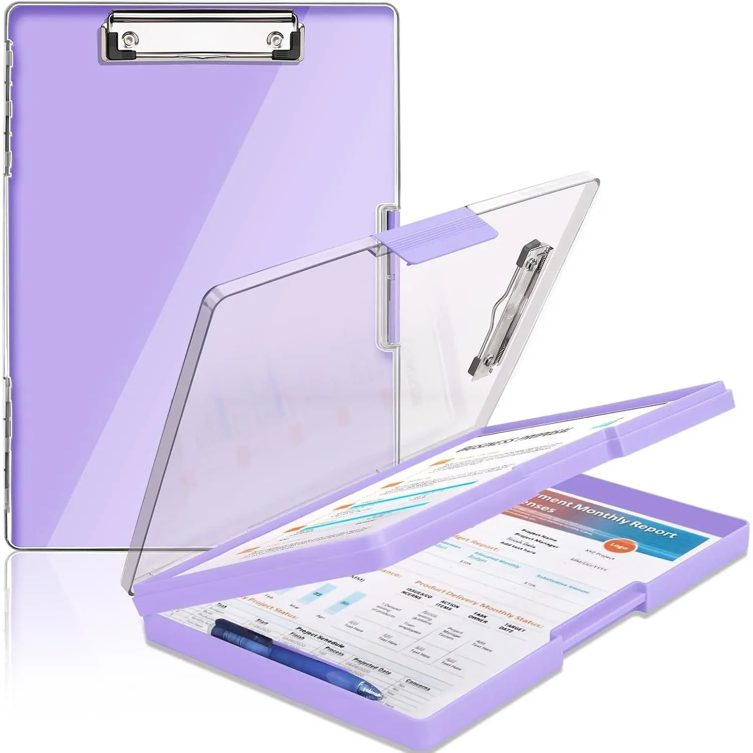 Clipboard with Storage,Heavy Duty Clip Boards 8.5x11 with 2 Storage Case,Clear Visible Panel Storage Clipboards,Side Opening  Clipboard Folder for Office Supplies-Light