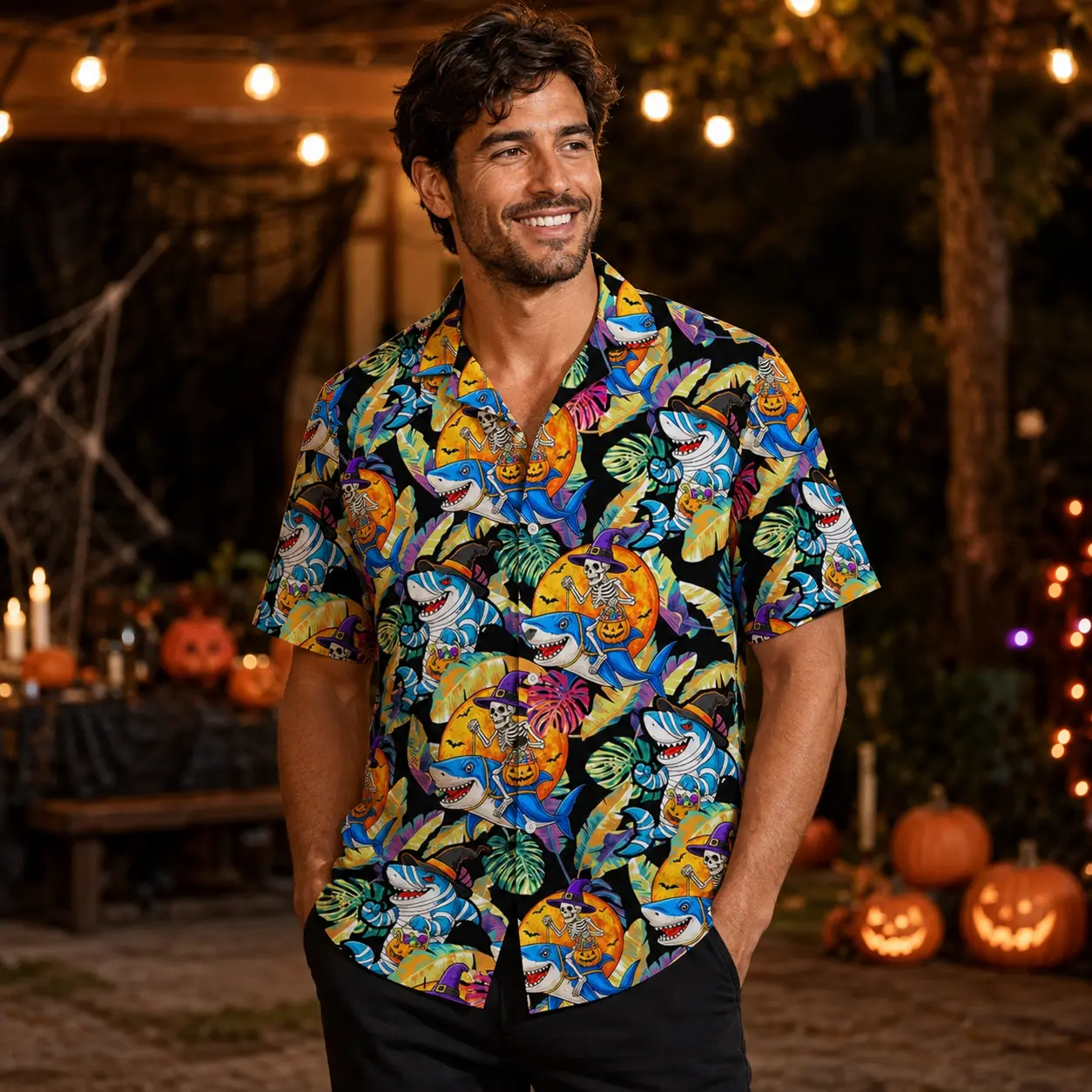 Men Halloween Shark Skeleton Witch Hawaiian Shirt, Tropical Palm Leaf Pumpkin All Over Print Short Sleeve Button Down Shirt, Casual Beach Holiday Halloween Party Costume Shirt