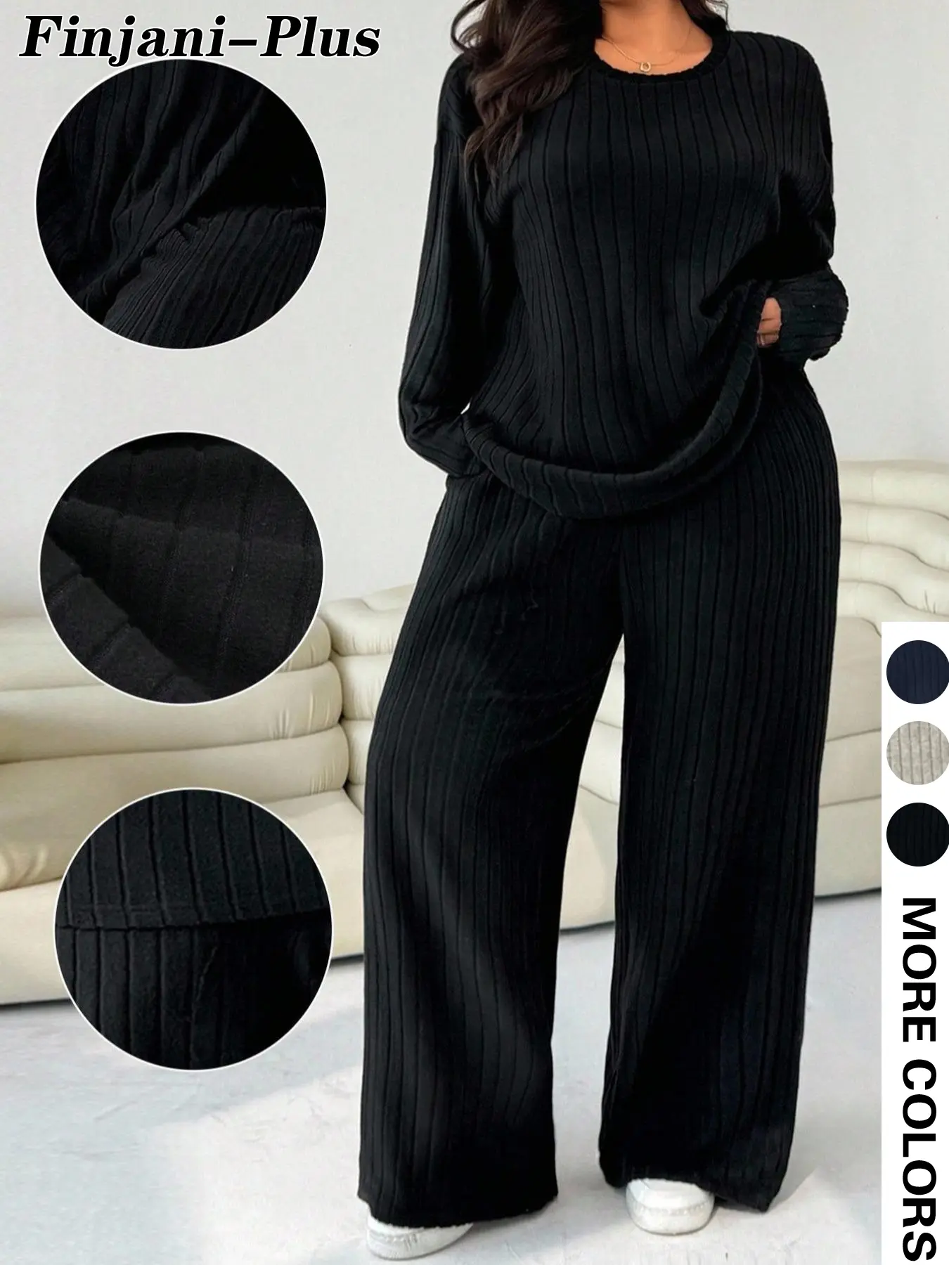 Plus Size Ribbed Knit 2 Piece for Women, Basic Crew Neck Long Sleeve Top, High Waist Wide Leg Pants, Casual Comfy Loungewear