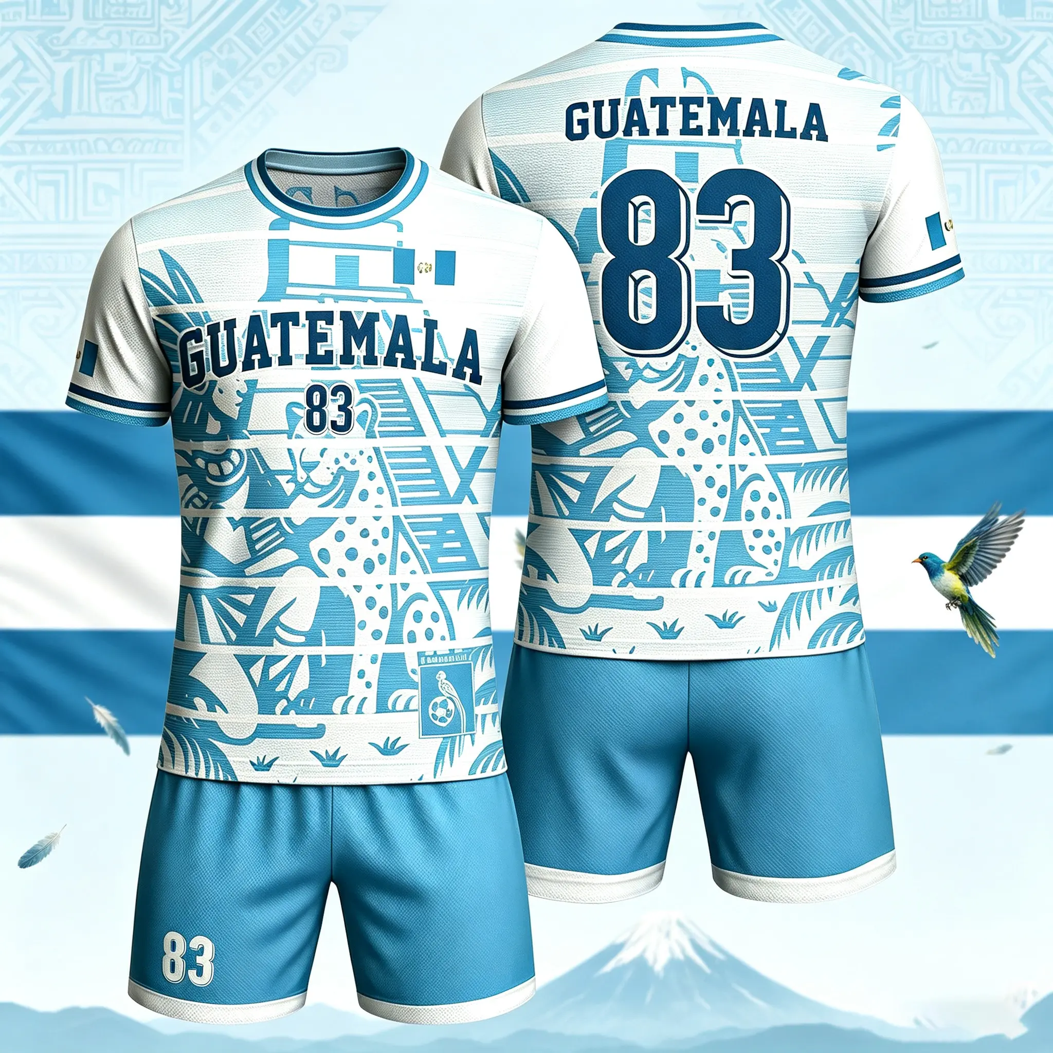 Men's Football Kit Set in White and Blue with Guatemala 83 Print and Cultural Design, Suitable for Sports Training and Matches # GuatemalanPride # HispanicHeritageMonth
