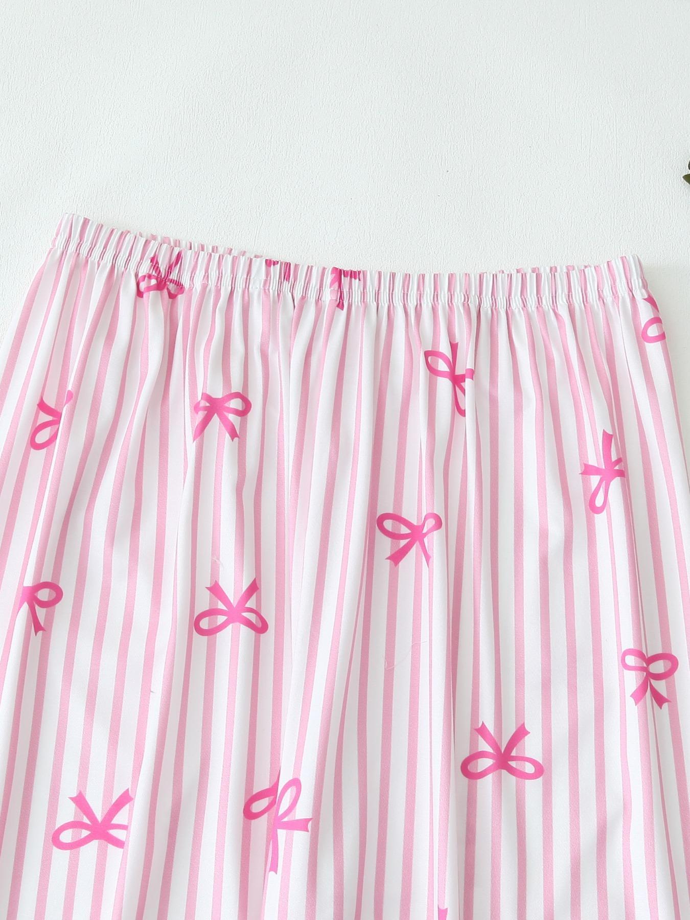 【Valentine Pajamas】Two-Piece Set Women's All Over Bow Print Button Front Shirt & Pants Pyjama, Casual Comfy Long Sleeve Lapel Neck Top & Trousers PJ Set, Women's Sleepwear for Spring & Fall