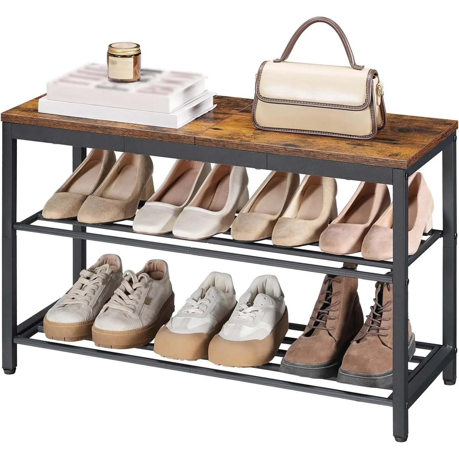 Shoe Bench, 3-Tier Narrow Entryway Bench with Seat, Shoe Rack, Industrial Metal and  Shoe Organizer for Small Spaces, Hallway, 11.2" D x 29.5" W x 19.1" H, Rustic Brown and Black BF76HX01