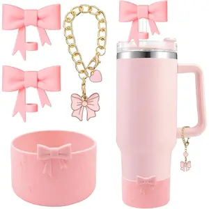 Cup Accessories Set for Stanley, 1Pcs Silicone Boot Sleeve and 1Pcs Handle Charm for Stanley Tumbler 30&40oz, Including 2Pcs Cute Bow Straw Cover Caps 10mm Reusable Straw Toppers, Pink