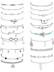 20pcs Ankle Bracelets for Women, Adjustable Silver Color Anklets, Womens Anklet Bracelets, Beach Anklet Jewelry Set