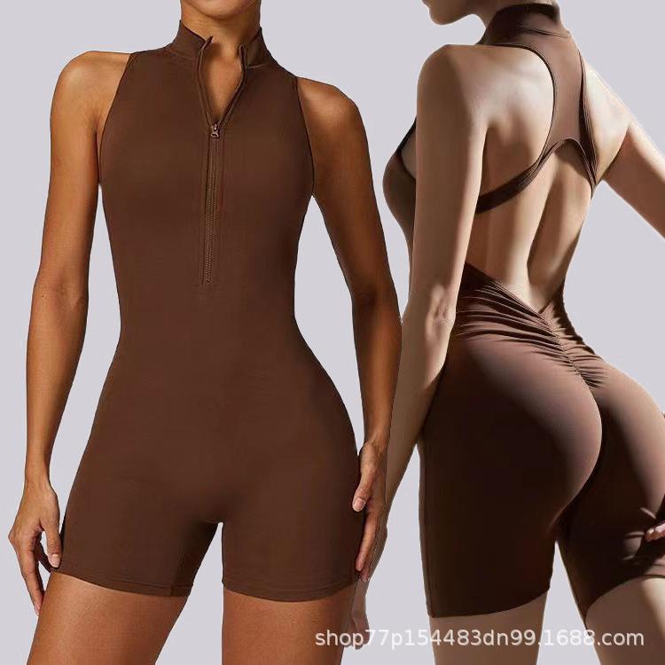 Popular cross-border European and American high-elasticity sports fitness zippered jumpsuit, naked-feel tight-fitting one-piece yoga outfit