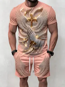 Men's breathable summer two-piece set, retro casual cross wing print set, trendy vacation commuting clothing