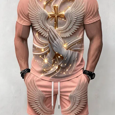 Men's Breathable Summer Two-piece Outfit Set, Casual Clothing Set, Retro Vintage Casual Cross and Wing Print, Trendy Design for Vacation And Daily Commute Wear