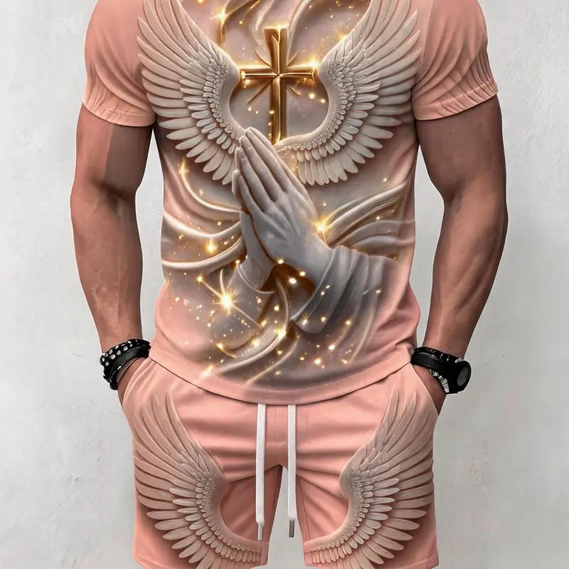 Men's Breathable Summer Two-piece Outfit Set, Casual Clothing Set, Retro Vintage Casual Cross and Wing Print, Trendy Design for Vacation And Daily Commute Wear