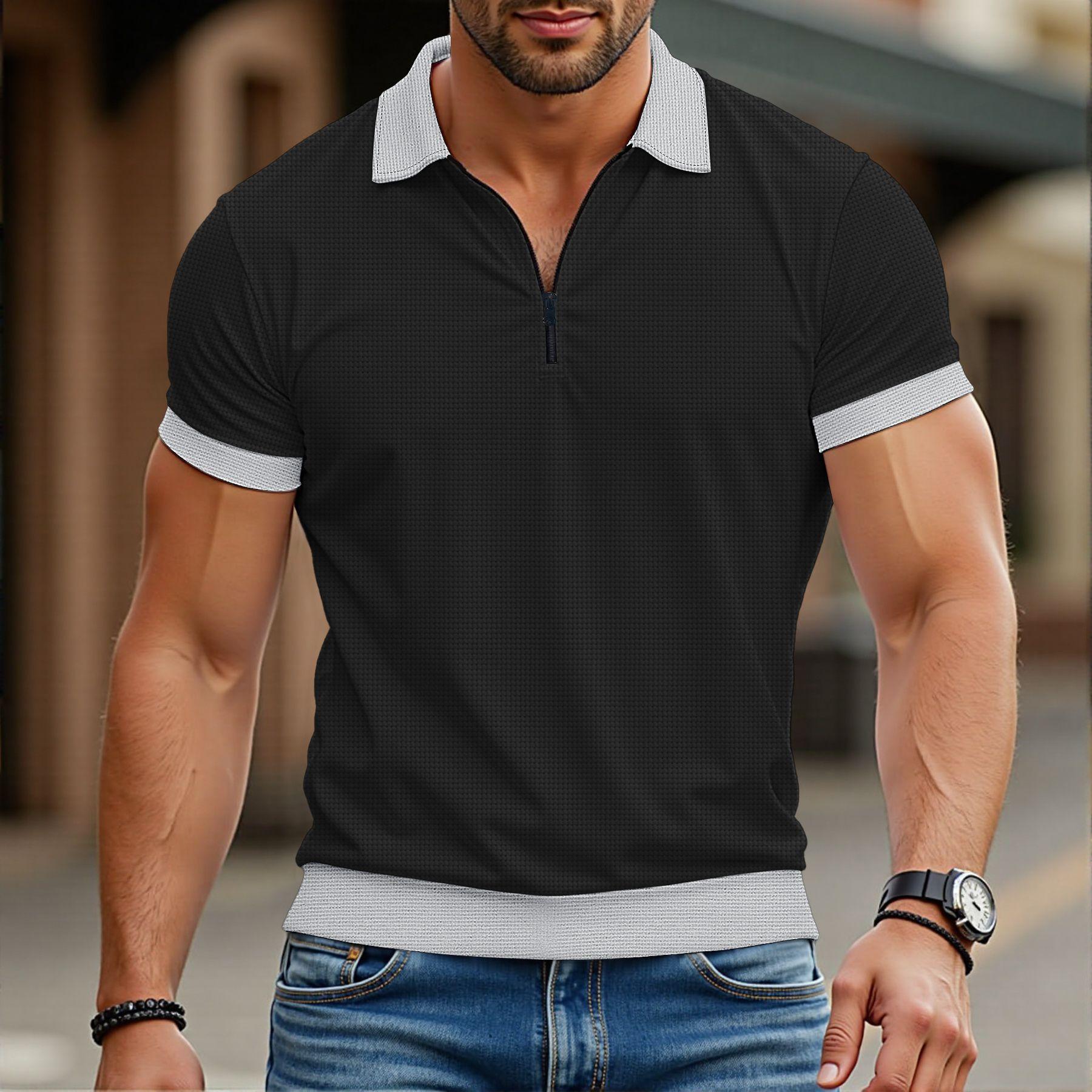 YYK 5-piece set Men's Luxury Color Block Polo Shirt, Spring Summer Casual Short Sleeve Top for Dating & Sports