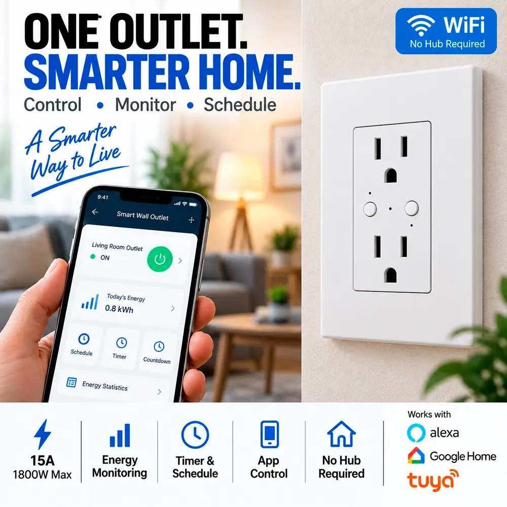 15A WiFi Smart Wall Outlet with Energy Monitoring, In-Wall Smart Receptacle, App Remote Control, Timer Schedule, Voice Control, Works with Alexa & Google Home, 2.4GHz, US Socket