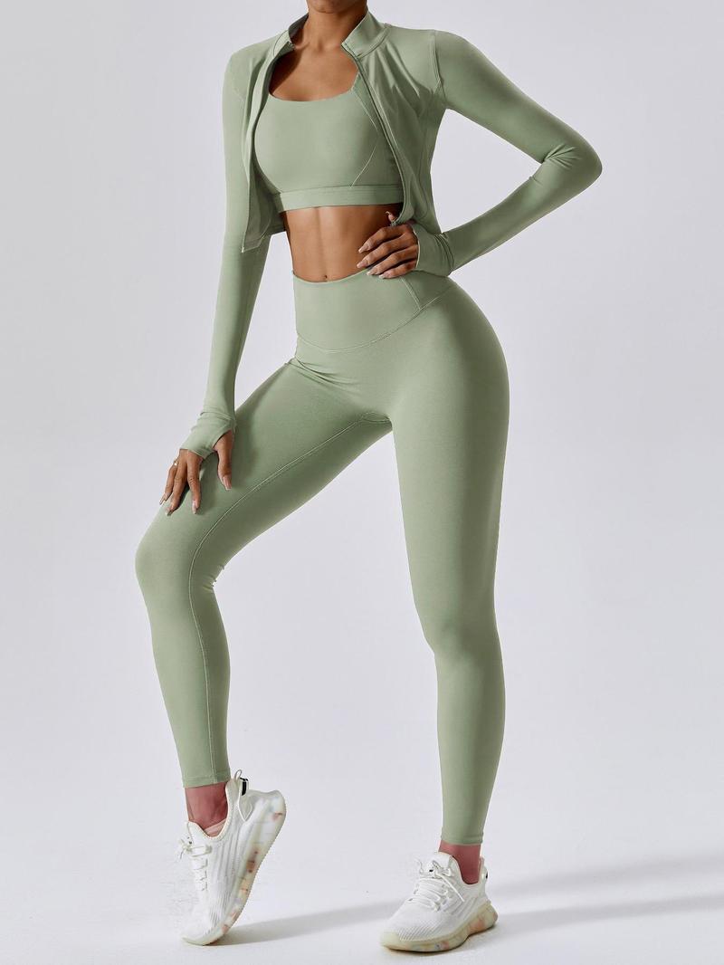 Women's Solid Criss Cross Crop Tank Top & High Waist Leggings & Zip Up Crop Jacket Set, Breathable Comfy Outfits for Yoga Gym Running, Activewear