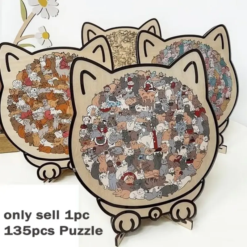 135-Piece Morandi-Colored Wooden Cat-Shaped Puzzle, Cat-Shaped Puzzle Ornament, Cat Puzzle, Cute Kitten Outline Border, Adorable Animal Cat-Shaped Wooden Puzzle Decoration, Jigsaw Puzzles, Art Puzzles Gift
