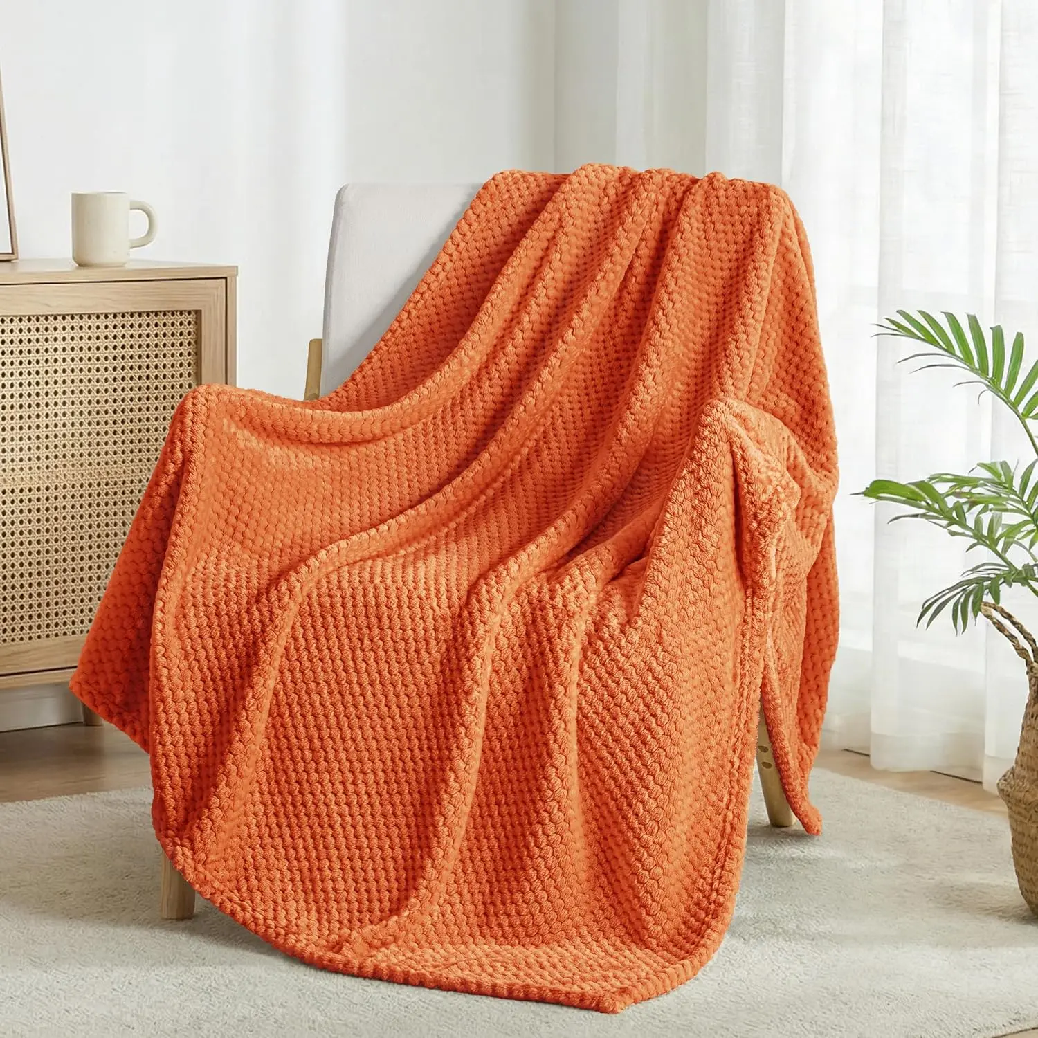Large Waffle Fleece Throw Blanket for Couch, Burnt Orange| Lightweight Soft Blanket for Sofa, Bed, Living Room, Plush Throw for Home Decor, Travel, All Season, 50x70 Inches