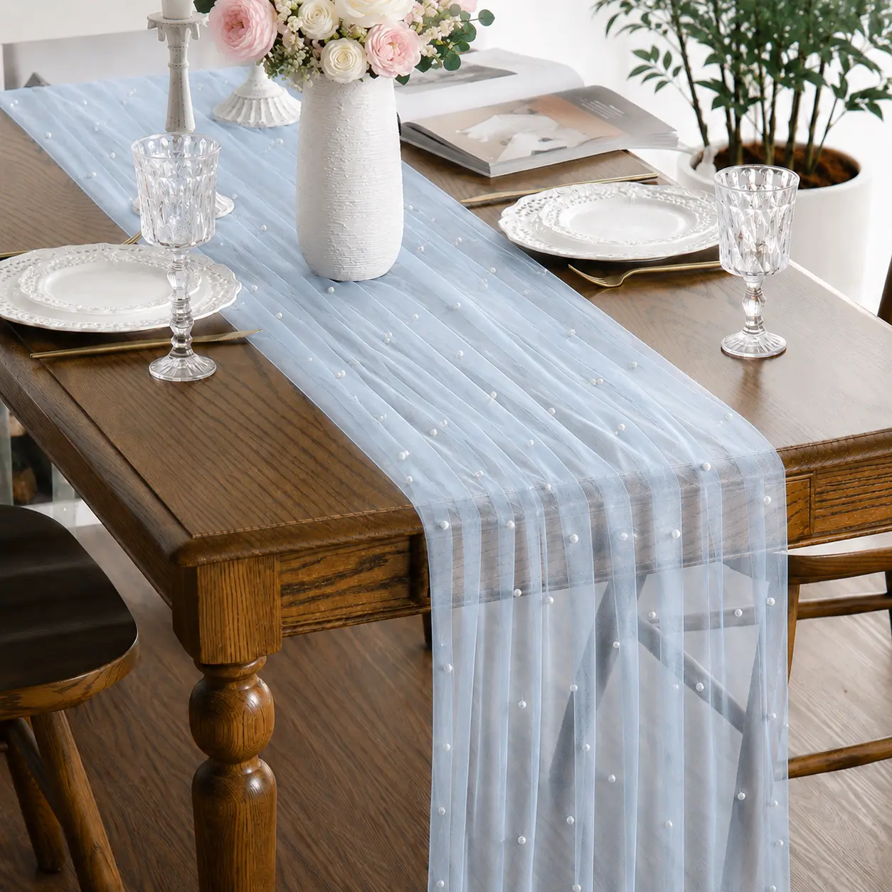 Pearl Blue Lace Sheer Chiffon Table Runner - 1/2/6-Piece, 10FT Gauze Cheesecloth Boho Decor for Wedding, Anniversary Home & Party Supplies, Dining Table Centerpiece