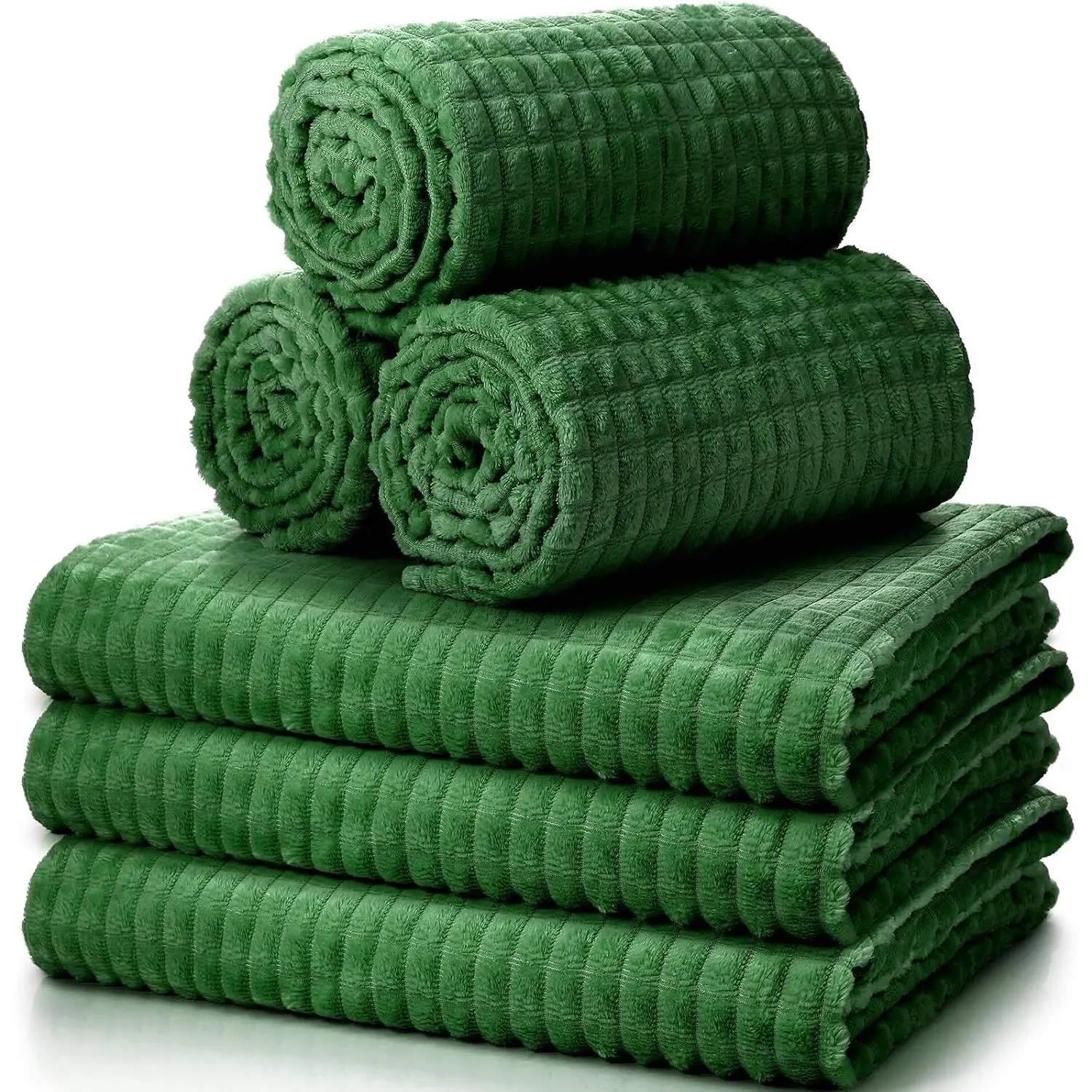 6 count Bulk Throw Blankets Flannel ,Dark Green | Oeko-Tex Certified 50x60 Inch, Soft Blankets for Donation Wedding Sleepover, Jacquard Grid Bulk Throw for Homeless Shelter