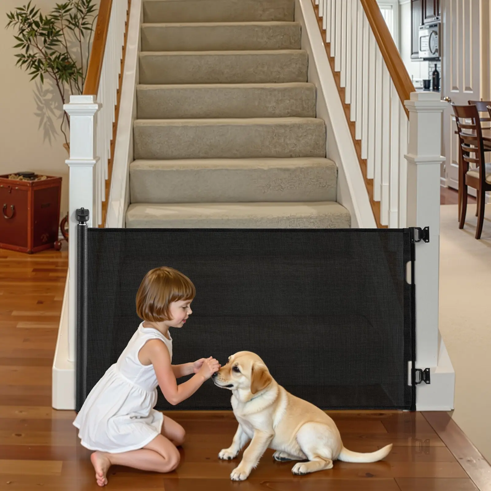 VEVOR Retractable Mesh Baby Gate - 72.8" Wide, 31.3" Tall, Single Unit with Security Lock, See-Through, No-Trip Walk-Through Design, for Stairs, Hallways, Indoor/Outdoor Use, Black