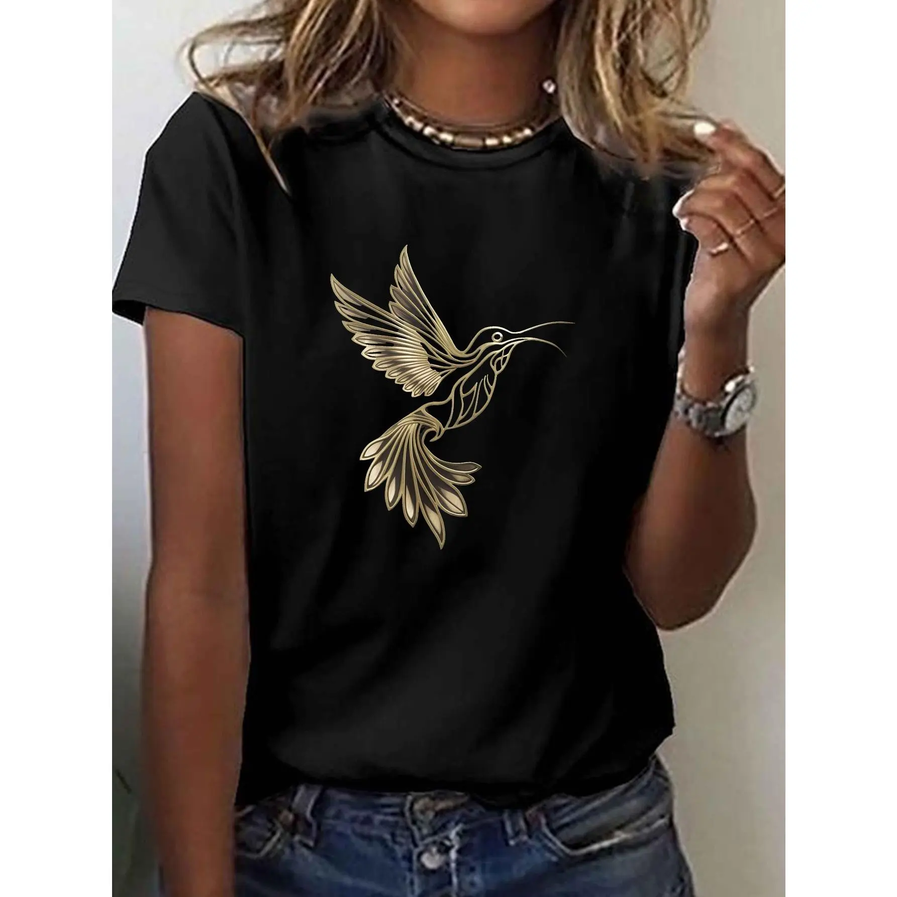 Women's Golden Hummingbird in Flight Print T-Shirt - Short Sleeve Crew Neck Casual Top, Medium Stretch Breathable Fabric, All-Season Comfort, Machine Washable