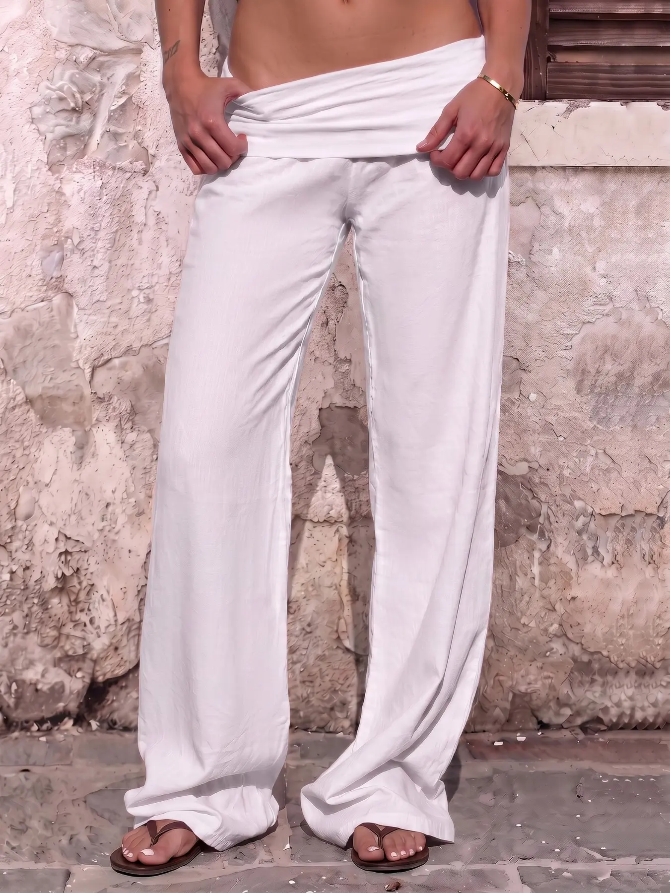 Solid Wide Fold Over Low Rise Wide Leg Floor Pants, Adjustable Fold Waistband, Lightweight Flowy Breathable Fabric, Loose Wide Leg Silhouette, Relaxed Island Vacation Style, Versatile Trousers For Beach, Travel, Daily Street, Casual Chic Trousers