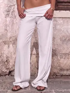 Solid Wide Fold Over Low Rise Wide Leg Floor Pants, Adjustable Fold Waistband, Lightweight Flowy Breathable Fabric, Loose Wide Leg Silhouette, Relaxed Island Vacation Style, Versatile Trousers For Beach, Travel, Daily Street & Matching Camis Sandals