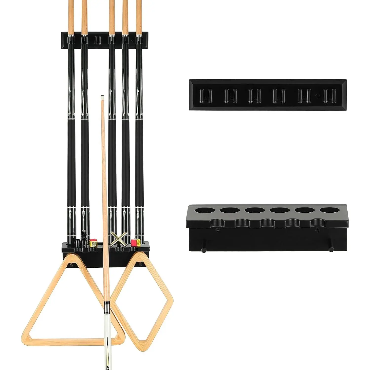 Pool Cue Rack Stick Holder - Wall Mount Billiards Pool Cue Rack Oak Solid Hardwood Pool Cue Set Holder for 6 Cues Sticks Storage Pool Table Accessories Equipment Organizer