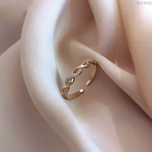 Braided Twisted Wrap Open Ring for Women, Minimalist Cool Tone Adjustable Band, Luxe Inlaid Spark Stone Finger Jewelry for Daily Casual Party & Holiday Gift