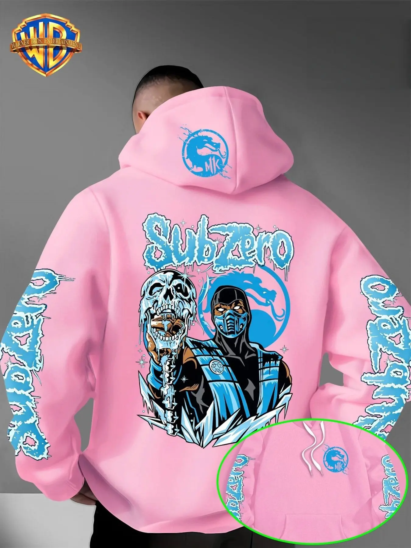 Warner Bros Men's Mortal Kombat Zero Ice Skull Hoodie, Cool Streetwear Casual Sportswear, Loose-Fitting All over Print Sweatshirt