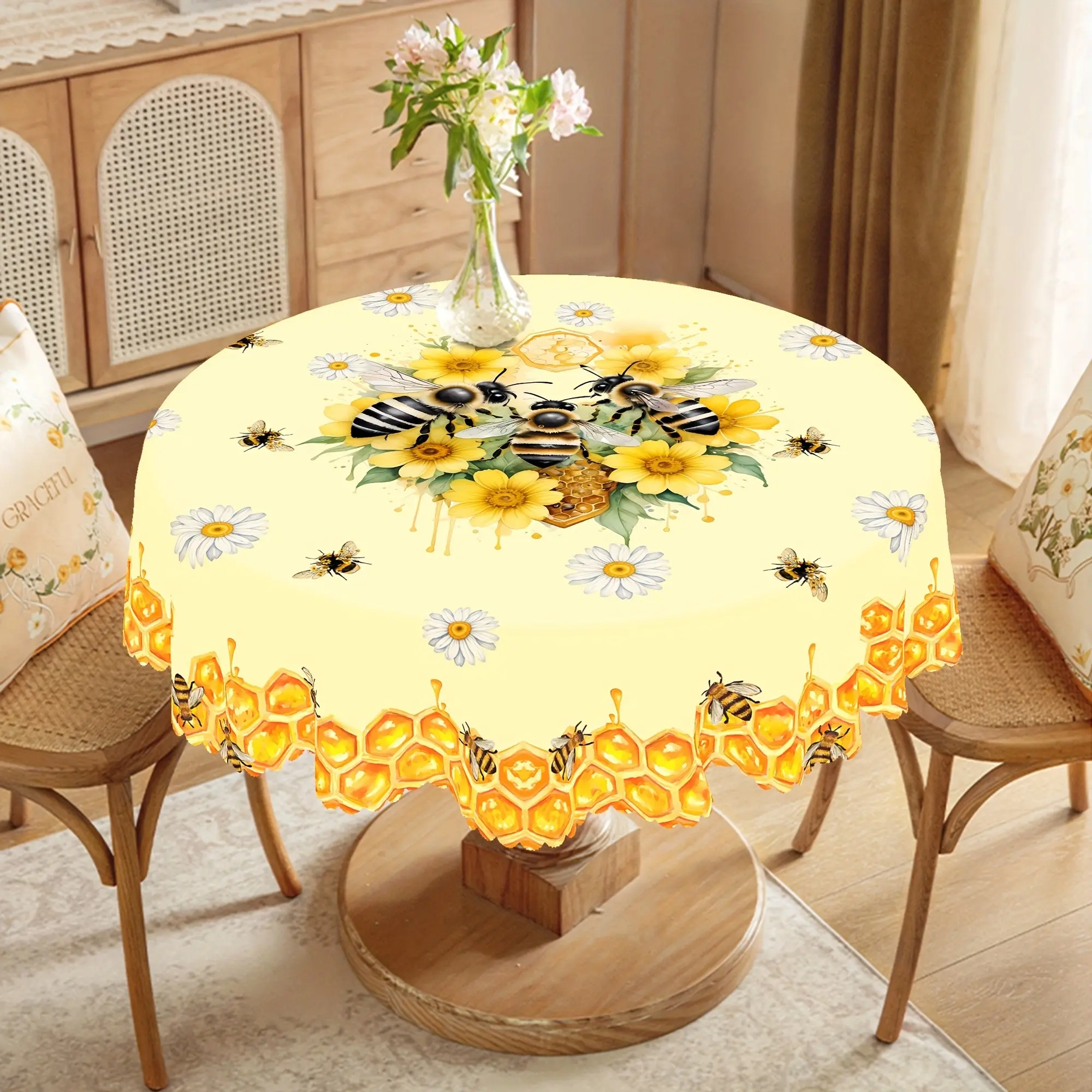 Bee Theme Round Tablecloth, Spring Summer Daisy Beehive Design, Festival Party Tablecloth, Outdoor Decor, Kitchen Accessory, Gift for Family Friends