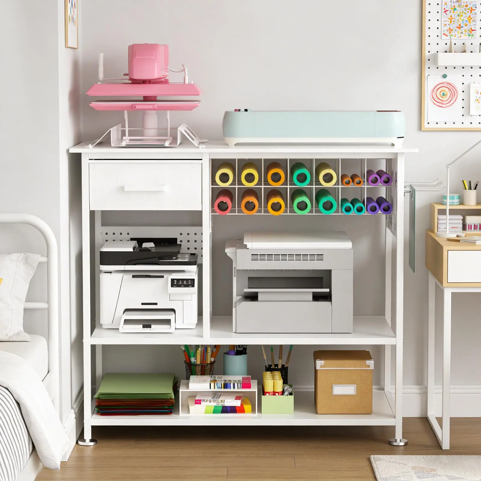 ARCH Heat Press Table with Charging Station, Movable Craft Workbench Desk Cart with Vinyl Storage Drawer, Heavy Duty Metal Utility Table for Sublimation DIY Sewing Scrapbooking, White, White Color Options, Metal Material, Product Dimensions: 19.70