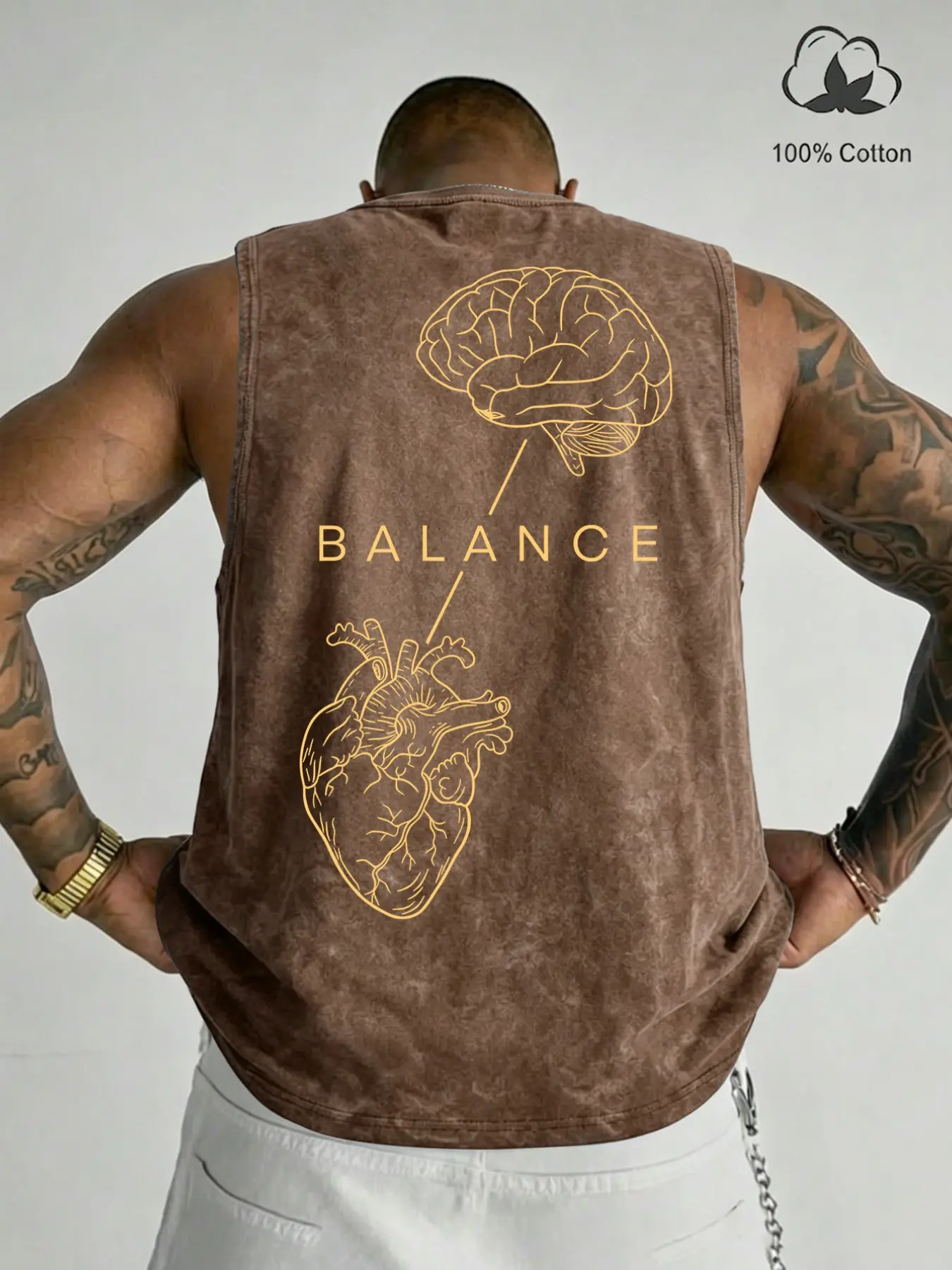 100% Cotton Vintage Wash Sleeveless Tank Top, Brain Heart Balance Minimal Line Art Back Print Loose Fit Gym Sleeveless Activewear Streetwear Graphic Vest, Sleeveless Workout Vest, Athletic Tank Tops