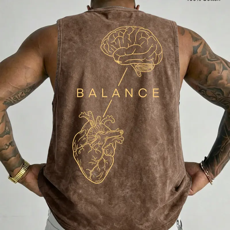 100% Cotton Vintage Wash Sleeveless Tank Top, Brain Heart Balance Minimal Line Art Back Print Loose Fit Gym Sleeveless Streetwear Graphic Vest, Sleeveless Workout Vest, Workout Clothing