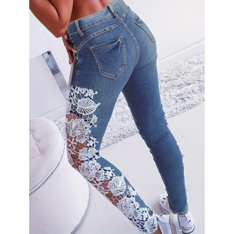 Elegant Skinny Fit Hollow Out Lace Contrast Denim Jeans, Women's Denim Pants & Clothing