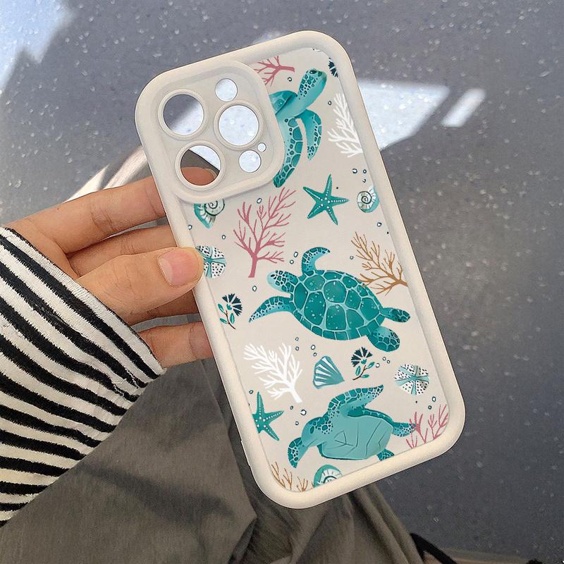 A Pure White Phone Case with a Blue Sea Turtle Design, Made of High Bamboo And Silicone, Providing Full Protection Against Drops, Compatible with for iPhone 17 E Air Pro ProMax iPhone16 15 14 Plus 13 12 Mini 11 X XS XR