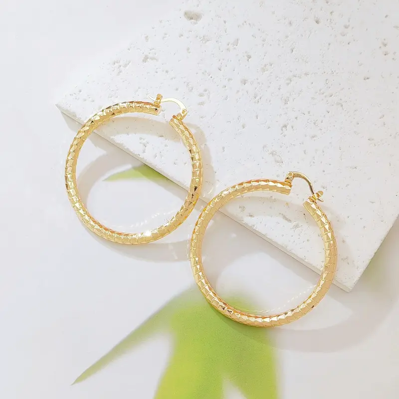 Female Laser-Cut Large Hoop Earrings - Gold-Plated Metal Coating, Hypoallergenic Alloy & Copper, Daily Everyday Wear Costume Jewelry