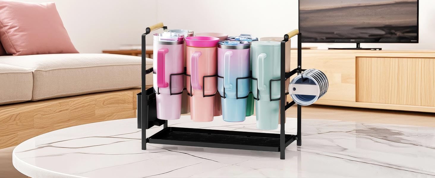 Water Bottle Organizer Drying Rack for 40 oz Tumbler with Handle, 2 in 1 Multifunctional Cup Storage Holder Compatible with Stanley, Owala, Simple Modern, Soufull, 8 Slots (Patented)
