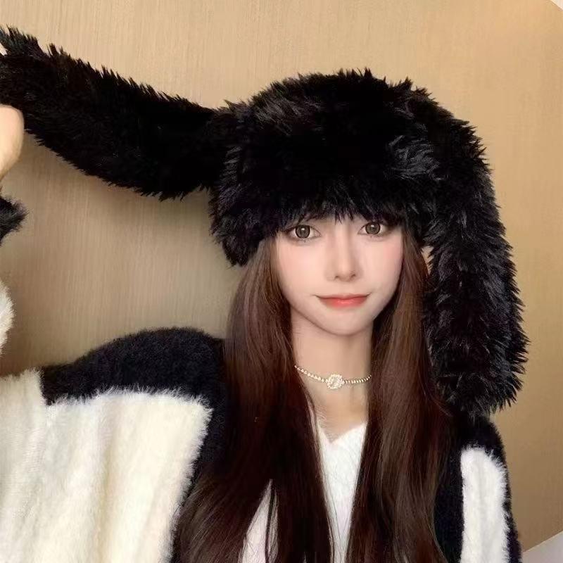 Unisex Cute Fluffy Rabbit Ear Beanie Hat - Casual Soft Plush Warm Cap, White Fashion Accessory for Daily Wear, Funny Bunny Design Headwear