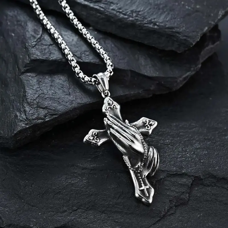 Unisex 60cm Timeless Stainless Steel Praying Hands Cross Necklace - Waterproof, Non-fading Silver Jewelry with Cross Shape, Prayer Motif for All Events, Punk-Retro, Titanium Steel
