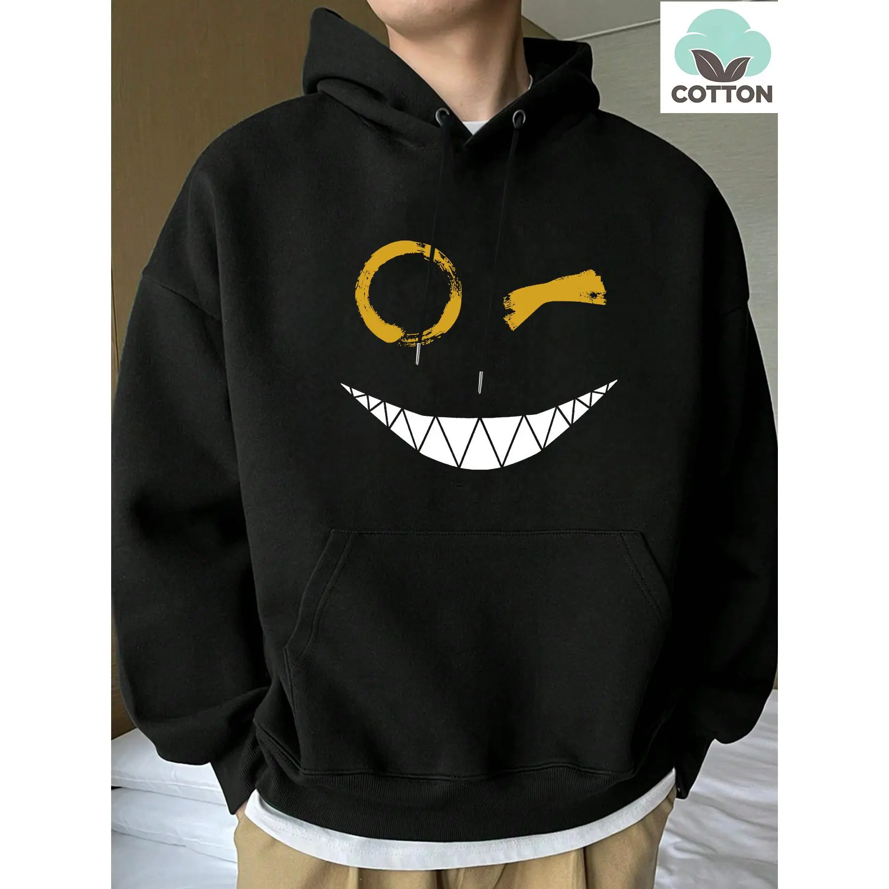 1pc [95% cotton, 5% spandex] drop-shoulder pocket drawstring hoodie sweatshirt, "Smile" autumn men's sweatshirt, loose fit, factory-made, 180g 100% cotton