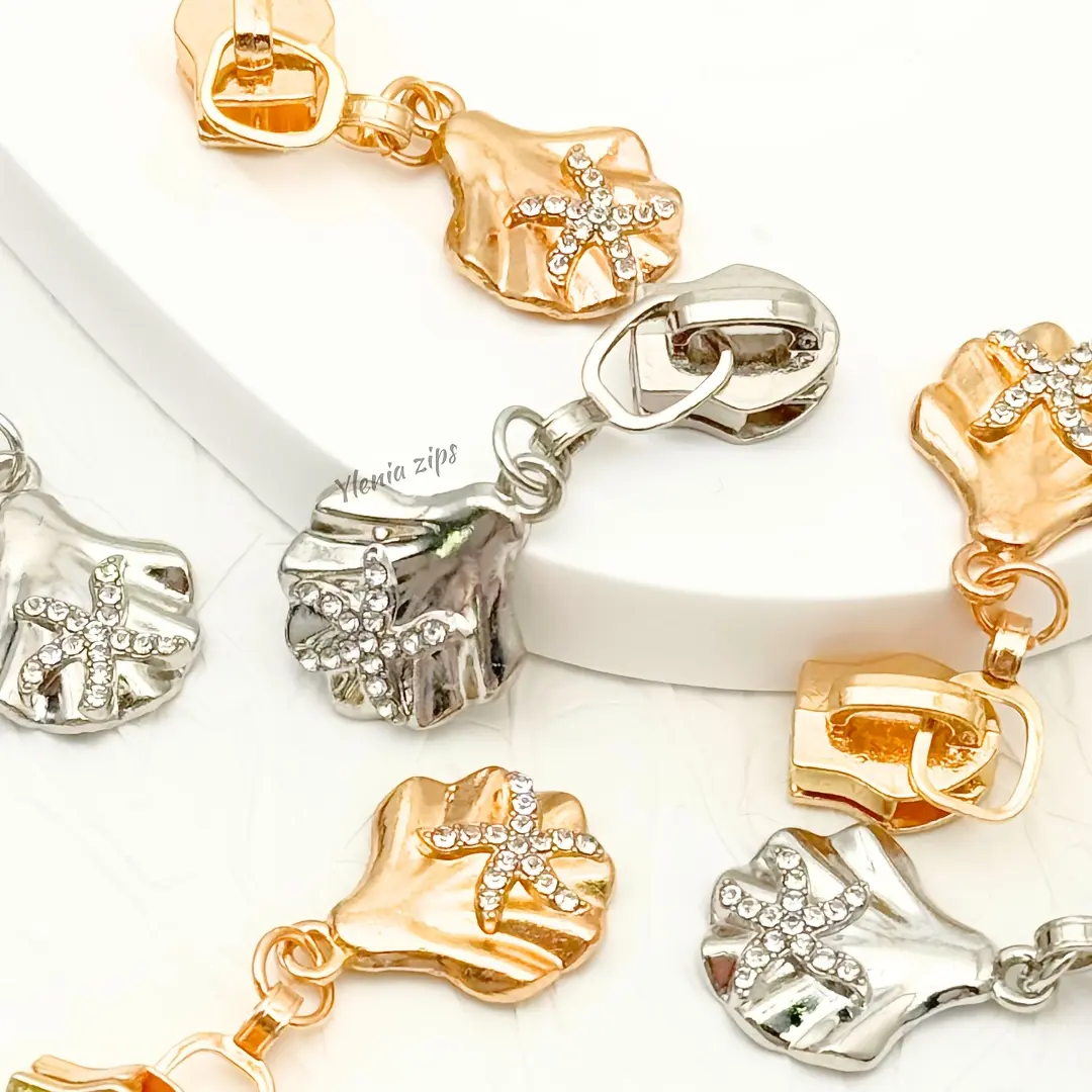 5pcs shell-shaped zipper pulls with rhinestone-encrusted shell and starfish design, #5 nylon zipper sliders, wear-resistant and smooth, replacement sliders suitable for bags, purses and garments