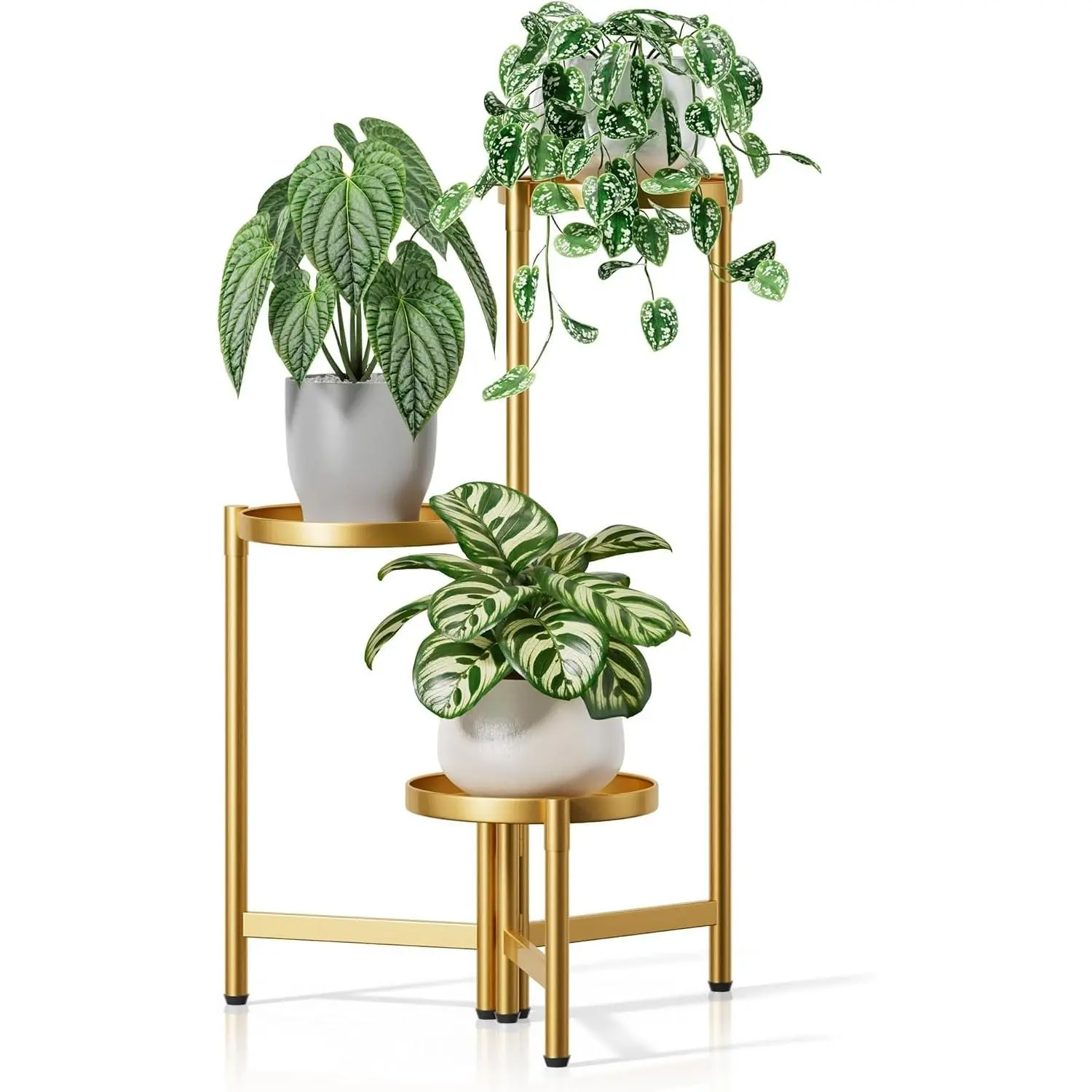 3 Tiered Plant Stand Indoor for Multiple Large Planter, Tall Heavy Duty Adjustable Folding Rack with Rustproof 7.9 Inch Wide Tray, Gold Plant Shelf for Corner Living Room