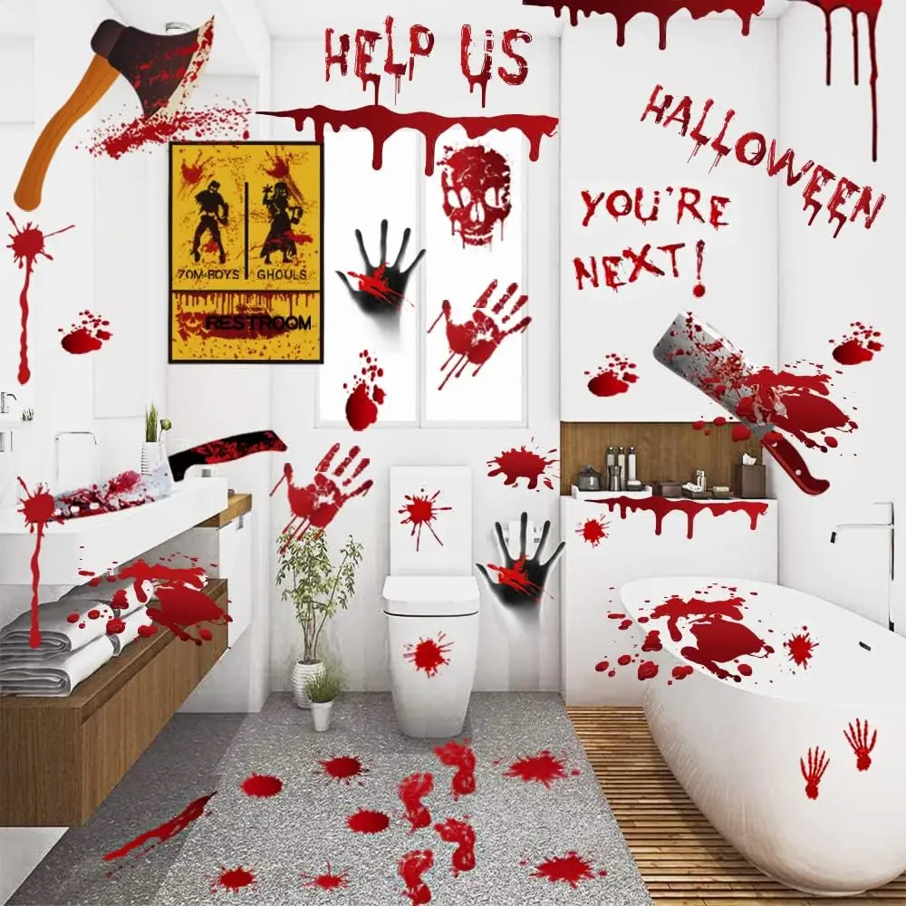 84 count Halloween Decorations Handprint Footprint Stickers Clings  Window Bathroom Floor Restroom Zombie Decorations Halloween Party Decor,8 Sheets