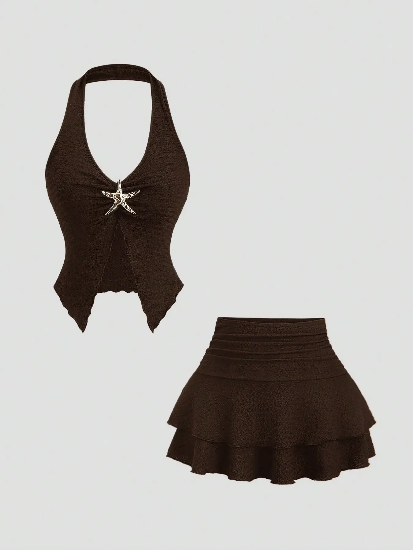 Y2K Brown Halter 2 Piece Outfit, Removable Starfish Metal Ornament Deep V Irregular Top & High Waist Double Ruffle Mini Skirt, American Retro Photogenic Coquette Set for Beach Vacation, Nightclub, Music Festival and Date Detachable