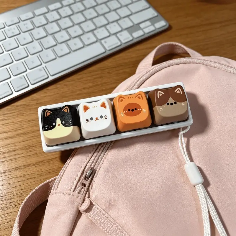 Four Cute Cat Keycaps, Rectangular Cat Keycaps, Base, Suitable for Bags, Backpacks, Computer Keycaps, Keychain Accessories