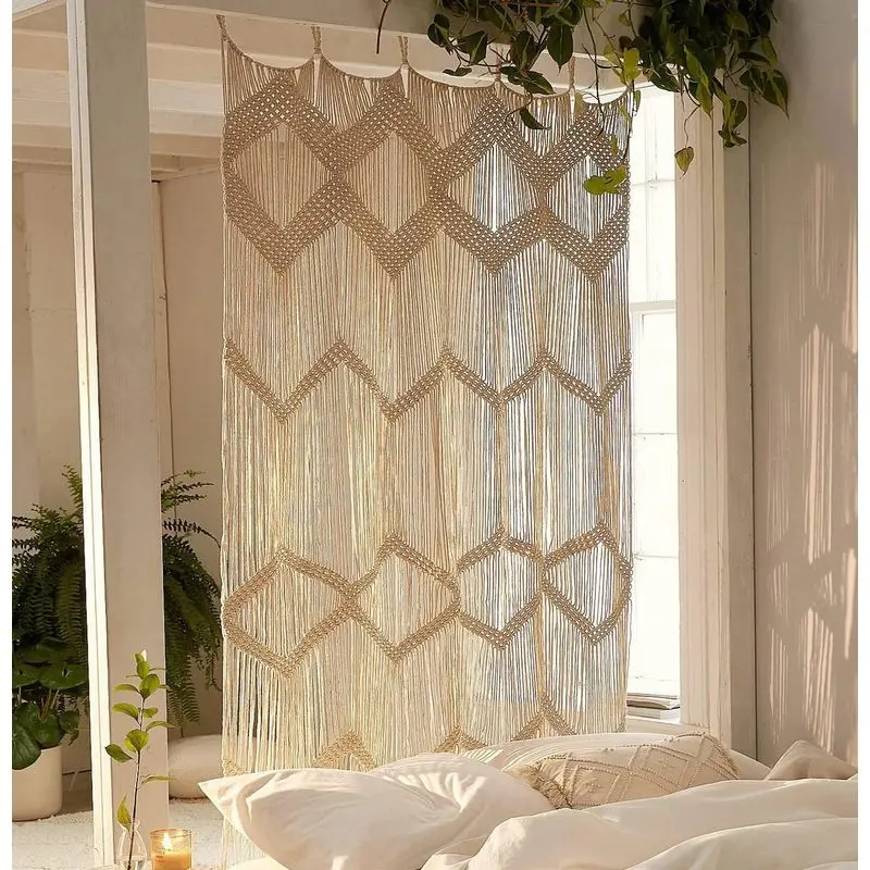 Macrame Curtain Window Macrame Room Divider Doorway Curtain Boho Macrame Wall Hanging Living Room Bedroom Decor 42" W x 75" H |   Natural Cotton Material, Handwoven Fiber Design, Living Room Bedroom Use, Privacy Space Divider, Boho Home Style