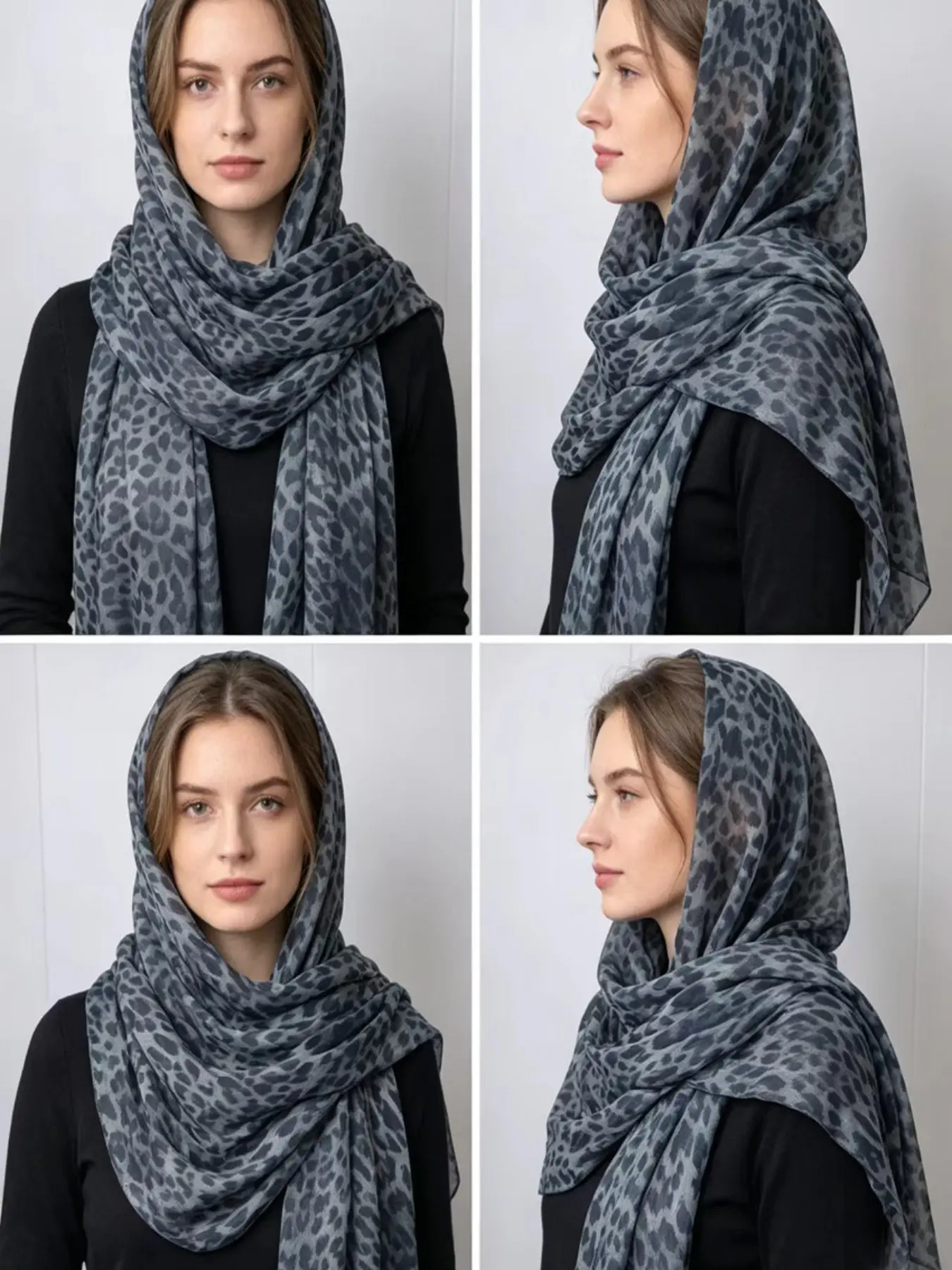 Assorted Animal Print Hijabs Prayer Scarf for Muslim Women, Classic Leopard, Grey Watercolor Leopard, Snake Texture Leopard & Gradient Deer Spot Pattern Lightweight Flowy Chiffon Modest Long Head Wrap Scarf for UK US Daily Wear