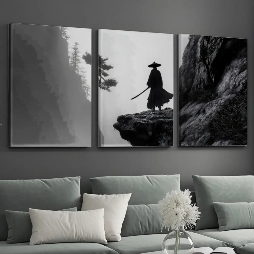 Modern Minimalist, Canvas Wall Art, Black And White Zen Swordsman Silhouette On Cliff, High Definition Giclee Printing On Premium Cotton Canvas, Living Room Sofa Background Decoration, 3 Piece Set