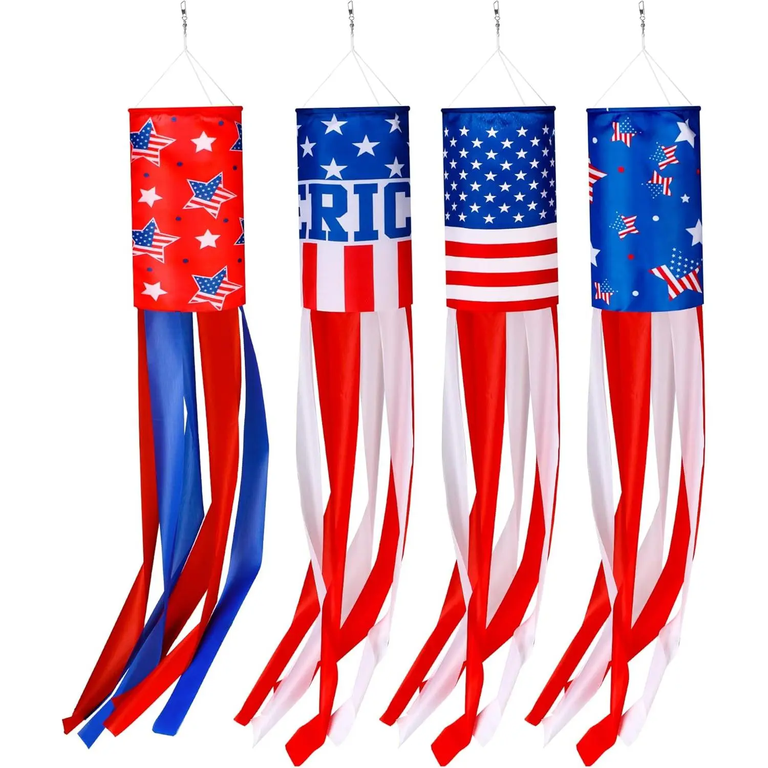 4 Pcs 40 Inch American Flag Windsock Outdoor American US Flag Windsock Heavy Duty Stars and Stripes Wind Sock Hanging USA Patriotic Decorations for 4th of July Independence Day Yard Garden